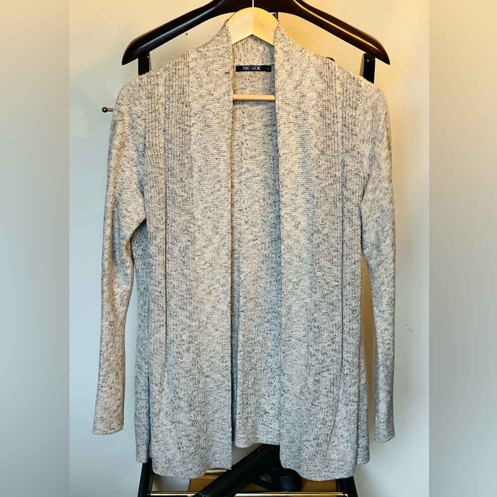 NIC+ZOE Open-Front Light Gray Marled Cardigan 100% Cotton.